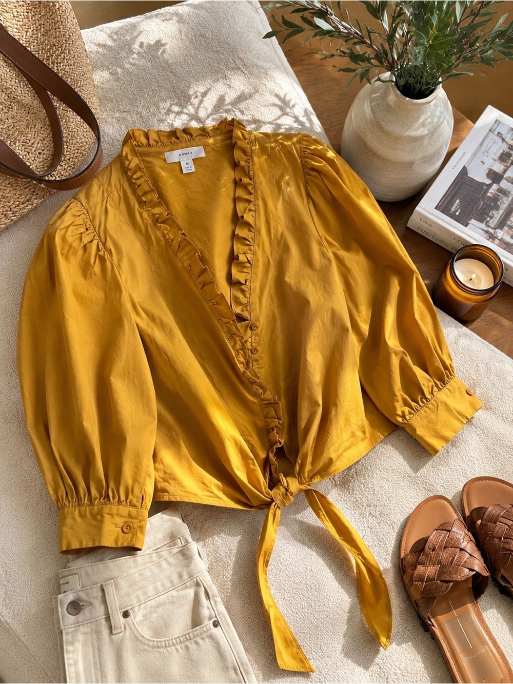 A Loves A Mustard Ruffle Puff Sleeve Tie Front Cotton Blouse Top M